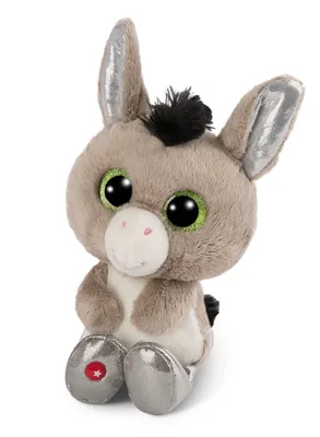 A plush toy donkey is sitting on a white background.