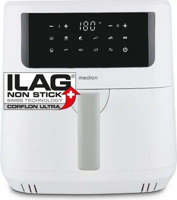 Produktbild von MEDION® P10 XL Duo, Heißluftfritteuse, 6.8 Liter XXL, 2150 Watt, Edelstahl, weiß, Schüttel Alarm, 9 Automatikprogramme, Touch Bedienfeld, LED Anzeige, 2 Heizelemente, Braten, 100 Rezepte in App, Grillrost