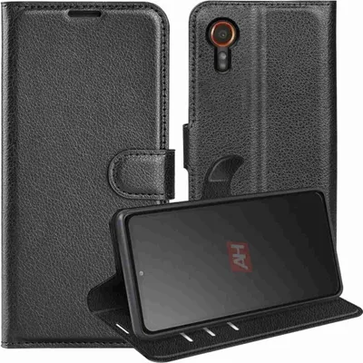 A black leather flip case for a smartphone is shown, with the phone inside and open.