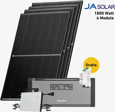 Produktbild von 1800 Watt, Bifazial Komplettset, Balkonkraftwerk, Hoymiles HiBattery 1920 AC, Halterung Bitumendach, 3 x Zusatzbatterie, AC-Anschlusskabel