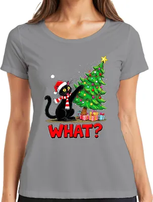 Produktbild von WHAT? schwarze Katze Weihnachten lustig Weihnachtsbaum Geschenke Damen T-Shirt, Grau, 3XL