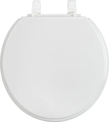 A top-down view of a closed white toilet seat.