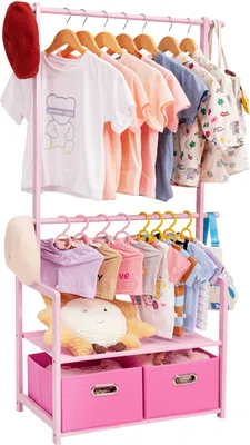 Produktbild von Yorbay Kleiderständer für Kinder aus Bambus für Kinderzimmer und Schlafzimmer Kindergarderobe mit Boxen 74 x 35 x 140cm Rosa