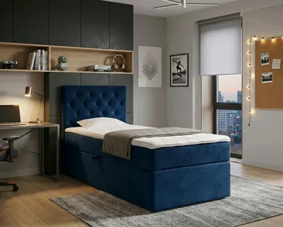 Produktbild von NORDELO Boxspringbett ELEGANTE 100x200 cm AMOR Velvet Dunkelblau Komplett-Set gepolstertes Einzelbett mit Stauraum, Matratze und 4 cm Visco-Topper, Bonellfederkernmatratze, T30-Schaum