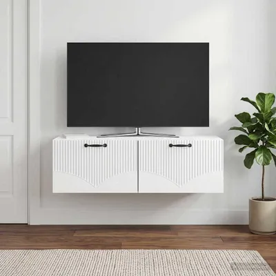 Zdjęcie produktu dla Maison Exclusive – wisząca szafka pod telewizor, biała, z połyskiem, 98 x 41 x 30 cm