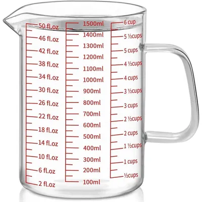 Immagine prodotto di Bicchiere graduato in vetro 1500 ml / 6 tazze / 51 oz, resistente al calore, in vetro borosilicato, con 3 scale di misurazione (ml/oz/tazze)