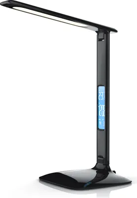 A black LED desk lamp with a digital display on a white background.