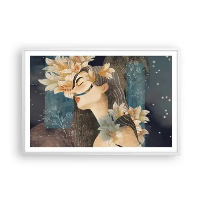 Produktbild von Gerahmtes Poster - Weißer Rahmen - Surreal Frau Blumen - 91,5x61 cm - Wand Bild - Wanddeko - Wandbilder - Kunstposter - Wandposter - Bilderrahmen - Bilder - Kunstdruck Wanddekoration - P2WAA91x61-4743