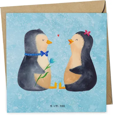 Produktbild von Mr. & Mrs. Panda Glückwunschkarte Pinguin Pärchen - Eisblau - Geschenk, doppelkarte, Hochzeit, Klappkarte, Liebe, Pinguine, Hochzeitstag, Grußkarte, Liebespaar, faltkarte