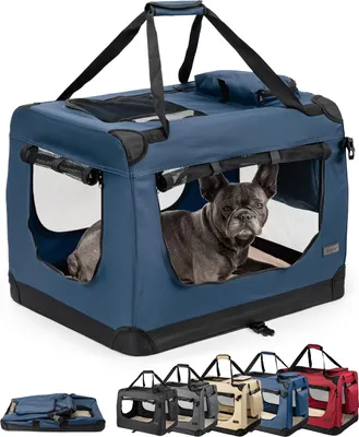 Produktbild von lionto Hundetransportbox faltbar, stabile Stoffbox mit Mesh-Einsätzen, ideal für Auto, Reise & Tierarzt, 70x52x50 cm, dunkelblau
