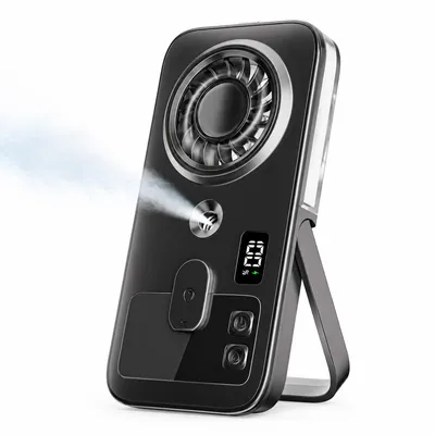 Produktbild von Tragbarer Ventilator mit Sprühfunktion und LED Display, USB-C Akku Handventilator 4 Stufen, leise Mini Kühlventilator für unterwegs