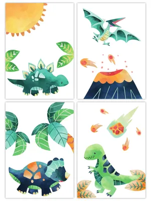 Dinosaurier Poster Set, 4er Pack, DIN A4, Pastelltöne, Kinderzimmer