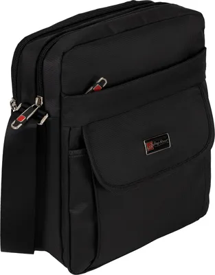 A black messenger bag is shown against a white background.