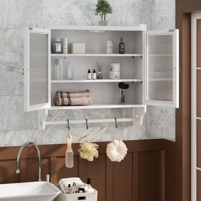 Image de okwish Armoire murale vintage avec portes vitrées, 3 niveaux et porte-serviettes, style campagne pour salle de bain ou cuisine – blanc