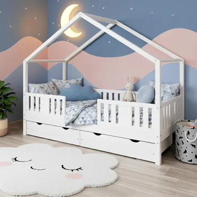 Produktbild von MEBLE WRÓBEL Kinderbett 90x200 cm – Bett mit 2 Schubladen Rausfallschutz & Lattenrost - Hausbett aus Kiefer Weiß - Kleinkindbett für Jungen & Mädchen - Standhöhe 20 cm