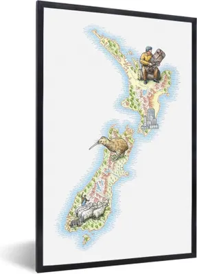 Produktbild von MuchoWow® Gerahmtes Poster Eine Illustration einer Karte von Neuseeland 60x90 cm - Poster mit Schwarzem Bilderrahmen Wandposter Rahmen Foto Bilder - Kunst