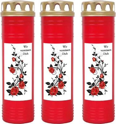 Produktbild von Grabkerze Rot 3er Pack, Brenndauer: 170 Stunden ( je Kerze ), Motiv: Rose Ranke