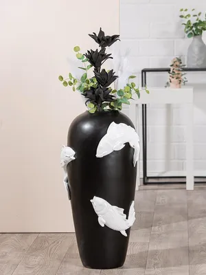 Große Bodenvase XXL mit Koi-Motiv, Kunstharz, schwarz-weiß, 73 cm