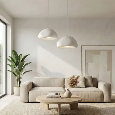 Immagine prodotto di Opviq, lampadario di alta qualità, struttura in metallo, calotta in fibra di vetro, 42 x 40 x 28 cm, altezza regolabile da 45 a 115 cm, Ø 40 cm, 2 x E27 max 40 W, IP20, design elegante e moderno in bianco.