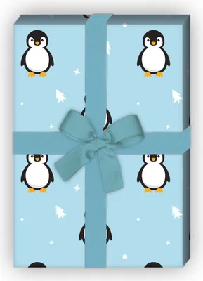Produktbild von Süßes Weihnachtspapier mit Pinguinen und Weihnachtsbäumen, hellblau - G9824, 32 x 48cm