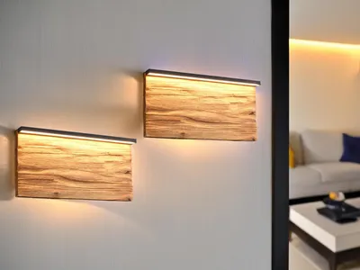 Produktbild von 2er Set flache LED Wandleuchten Holzlampen dimmbar indirektes Licht, Breite 30cm