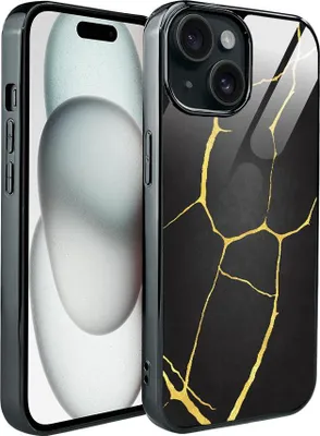 Produktbild von iPhone 15 IBIZU Elite Glass Case, Glasrückseite, Kintsugi, Schwarzes Porzellan, Schwarz