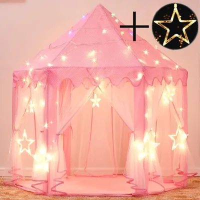 Produktbild von Prinzessinnenschloss-Spielzelt mit LED-Lichterkette für kindliche Fantasie und privaten Rückzugsort im Kinderzimmer