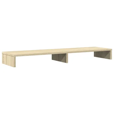 A long, narrow, light brown shelf with two supports underneath, shown against a white background.
