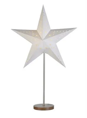 A white star-shaped lamp on a stand.