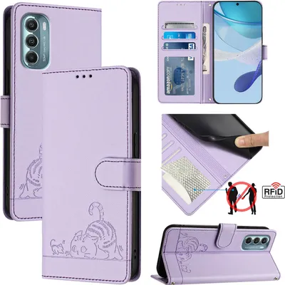 Produktbild von Leder Hülle für Motorola Moto G Stylus 5G (2022) Süße Katze Flip Case Brieftasche Schutzhülle mit Standfunktion Lila