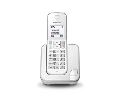 A white Panasonic cordless phone is shown on its charging base against a white background.