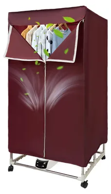 A burgundy electric clothes dryer stand with clothes hanging inside.