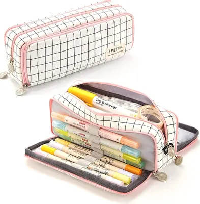 Obrázok produktu pre Trojkomorový peračník s kockovaným vzorom, čierny, odolný materiál, 21x7x9 cm