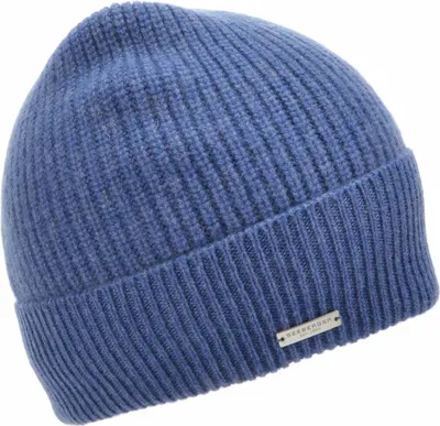 Seeberger Kaschmir Aufschlag-Strickmütze in Rippenmuster in blau