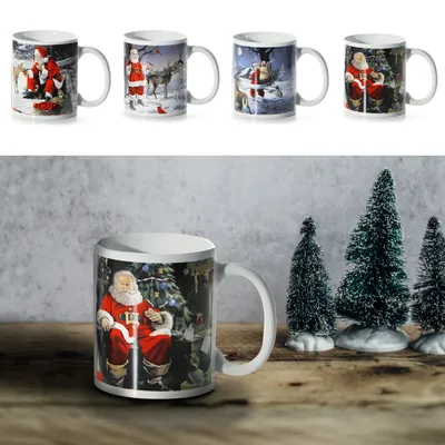 Produktbild von Glühweinbecher Nostalgie 4er Set 275ml Porzellan Tassen Becher Henkeltasse Weihnachtsmann Motivtasse Nikolaus Kaffeetasse Teetasse