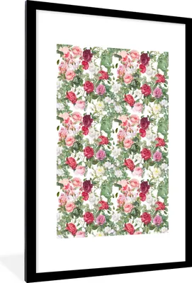 Produktbild von MuchoWow® MuchoWow® Gerahmtes Poster Rosen - Muster - Pastell 60x90 cm - Poster mit zchwarzem Bilderrahmen - Dekoration - Wandposter Wohnzimmer - Hochwertig