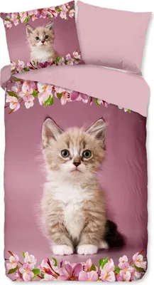 Produktbild von Guten Morgen KinderBettbezug "Kätzchen Katze mit Blumen" - Rosa - (140x200/220 cm) - Baumwolle