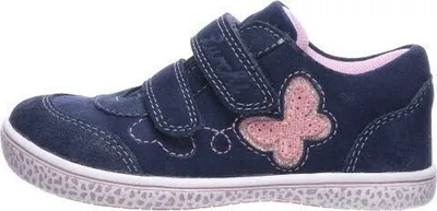 A single blue child's shoe with pink butterfly detail is shown against a white background.