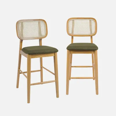 Produktbild von sweeek - 2er-Set Barhocker aus Heveaholz mit Rattan-Geflecht und Stoffbezug - Natur