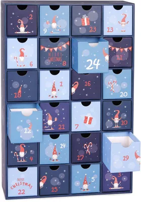 Imagen del producto de Calendario de Adviento para encontrar regalos: Gnomo enano azul. Calendario navideño hecho a mano con 24 compartimentos para vales