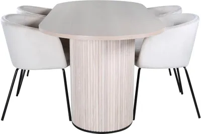 Image de BiancaWW ensemble table, table chêne plaqué blanc washed et 4 Berit chaises Velours beige.