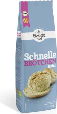 Produktbild von Bauck Mühle Schnelle Brötchen Hafer  glutenfrei 500 g, Brot, 500 g, HAFERmehl* glutenfrei 40%, Maisstärke*, Reismehl*, Hirsevollkornmehl*, Quinoasauerteigpulver*..., 348 kcal, 1473 kJ, 2,5 g