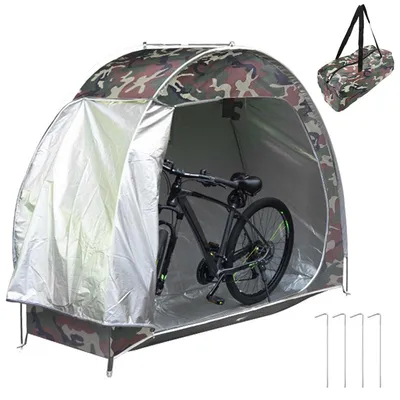 Produktbild von Camouflage-Fahrradschuppen mit vier Erdspießen und einer tragbaren Fahrradabdeckung
