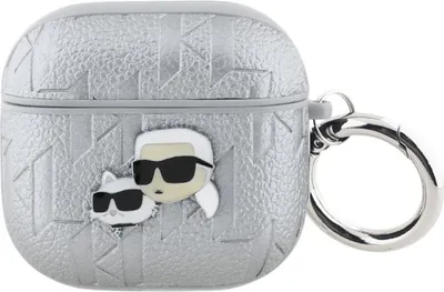 A silver AirPods case with a Karl Lagerfeld and Choupette design.