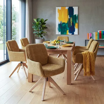 Produktbild von 6er-Set Esszimmerstuhl HWC-Q37, Küchenstuhl drehbar Auto-Return, Stoff (680g/m²) Chenille  Holz MVG  senfgelb