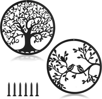 Productafbeelding van Metalen Levensboom Muurdecoratie - Stijlvolle Wanddecoratie voor Woonkamer en Tuin (Zwart, 30 x 30 cm)