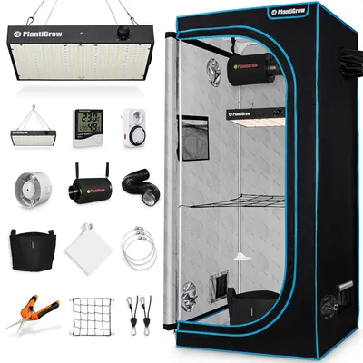 Zdjęcie produktu dla Kompletny zestaw Growbox - szklarnia wewnętrzna ze ściemnianymi diodami LED o mocy 150 W, filtrem węglowym, wentylatorem, namiotem do uprawy i namiotem do uprawy - 60x60x180