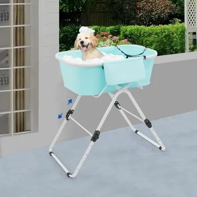 Produktbild von Faltbare Hundebadewanne mit einstellbarer Höhe (70-100cm) für Zuhause und die Tierpflege, tragbare Badewanne für kleine bis mittlere Hunde und Katzen bis 68 Kg, mit Ablaufschlauch und Gürtel