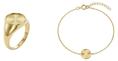 Produktbild von Suzan Gold® 375 Echtgold Schmuckset Damen Ring Armband rund Sonnenschliff elegant wasserfest Geschenk Set Crucelle Sun Signet Circle hochwertig