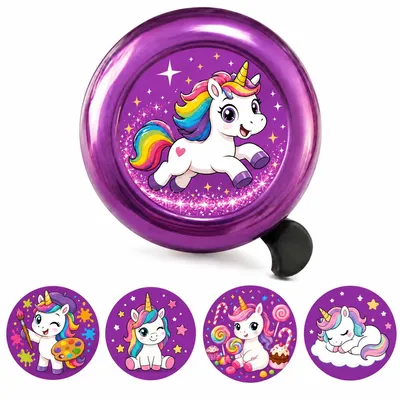 Imagen del producto de Timbre para bicicleta infantil, 22 mm, diseño de unicornio, color morado, para bicicletas de niños
